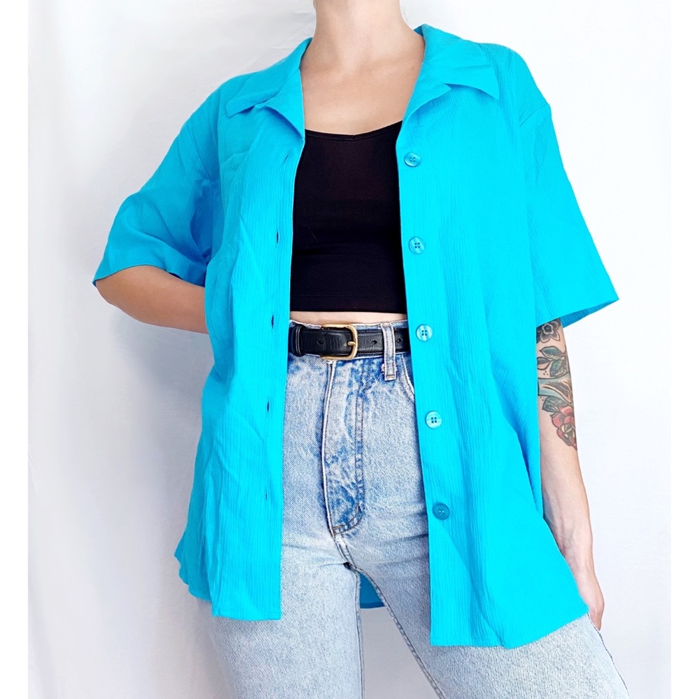 Vintage Blue Linen + Cotton Blend Retro Collared Button Down Shirt